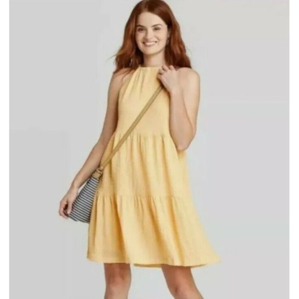 A New Day Yellow Tiered Halter Sleeveless Dress Size Small Boho New With Tags